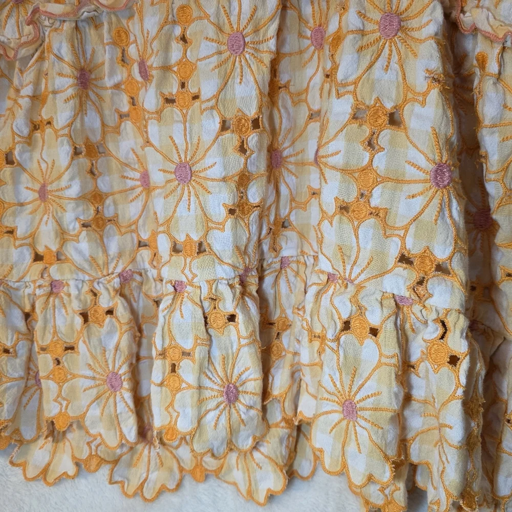Anthropologie embroidered tank top yellow and pink floral with tiered ruffles L - Picture 2 of 6